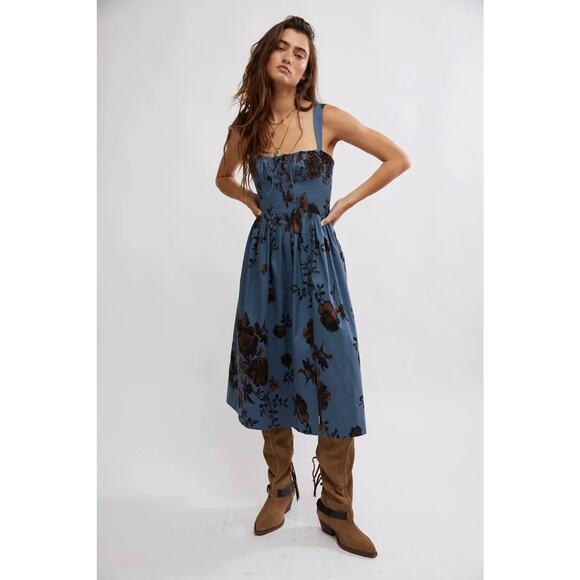 Free People Laters Baby Denim Blue Floral Midi Dress Storm Combo Size L Boho - Picture 2 of 9